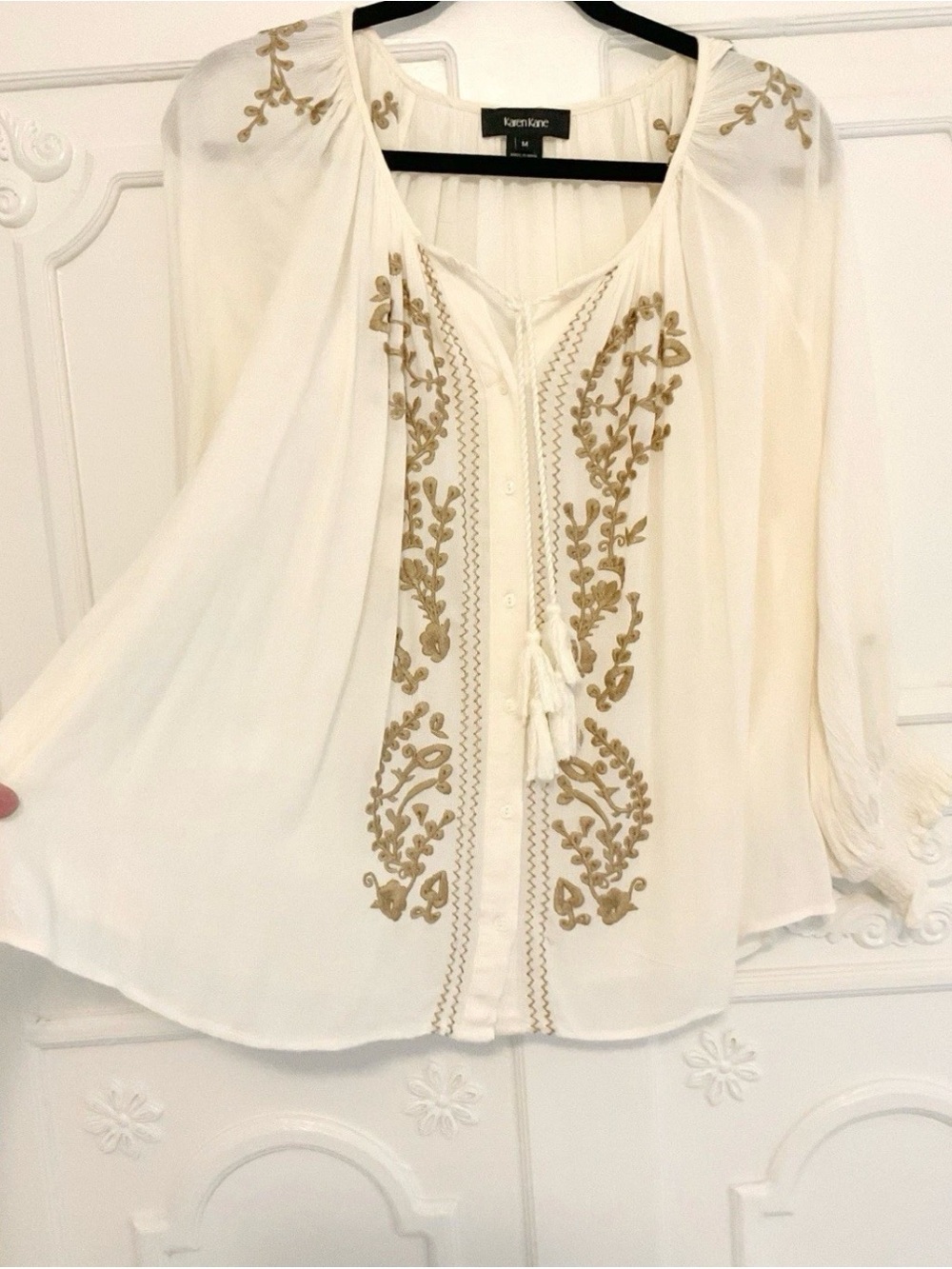 Karen Kane Cream Blouse with Gold Embroidery and Tassel Tie